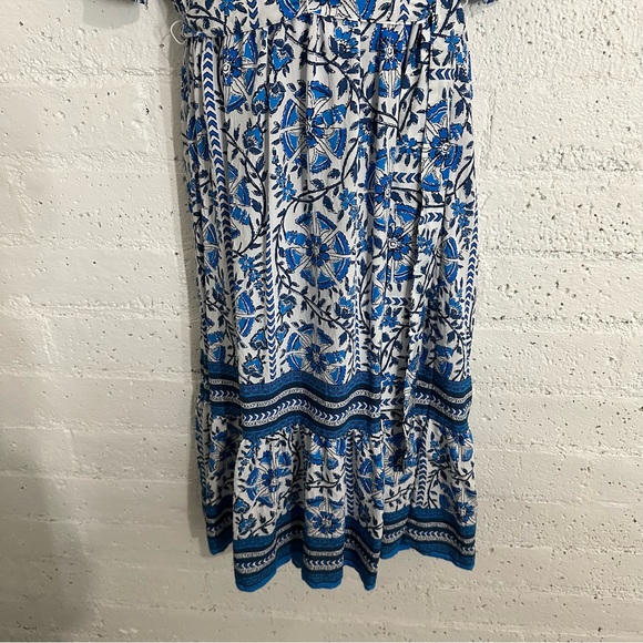 Figueroa & Flower Midi Dress Xl Blue White Floral Short Sleeve Boho V Neck Rayon - Picture 3 of 7
